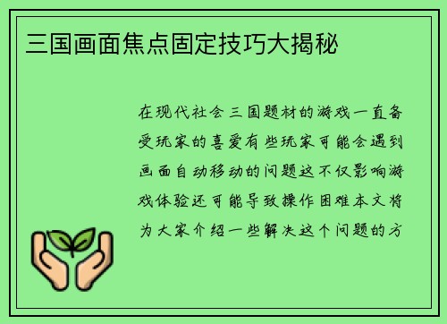 三国画面焦点固定技巧大揭秘