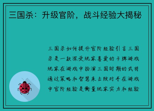 三国杀：升级官阶，战斗经验大揭秘